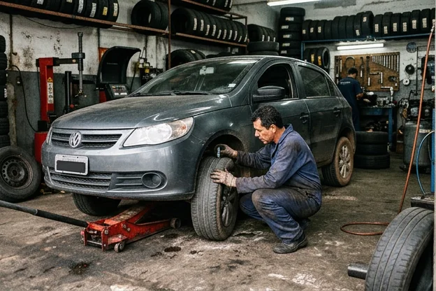 Mecânico inspecionando pneus de carro em Bragança Paulista.